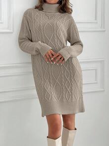 EURMUSE Knitwear Dress With Folded Neck And Cable Pattern - Rust Brown - View 7
