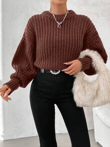 Women Solid Color Round Neck Drop Shoulder Long Sleeve Loose Knit Sweater For Autumn/Winter
