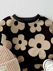 1 套女婴休闲时尚甜美花卉印花圆领长袖运动衫和运动裤套装，适合外出、运动休闲穿着，秋冬季 - 彩色 - 查看 5