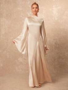 Lumalex 早春亮面缎面泡泡袖褶皱喇叭连衣裙，收腰设计，适合女士，尽显奢华新年新风尚，低调奢华，适合舞会、聚会、宴会、低调奢华、闪耀夺目的节日派对、锐舞音乐节、郊游、度假、户外、层次丰富的婚礼、情人节礼物指南、浪漫情人节穿搭、宴会、身份派对、新年派对造型、派对礼服、早春秋季连衣裙 - 杏色 - 查看 6