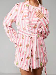 MISSGUIDED 圣诞印花条纹羊毛晨衣连帽浴袍节日休闲长袍腰带 - 彩色 - 查看 1