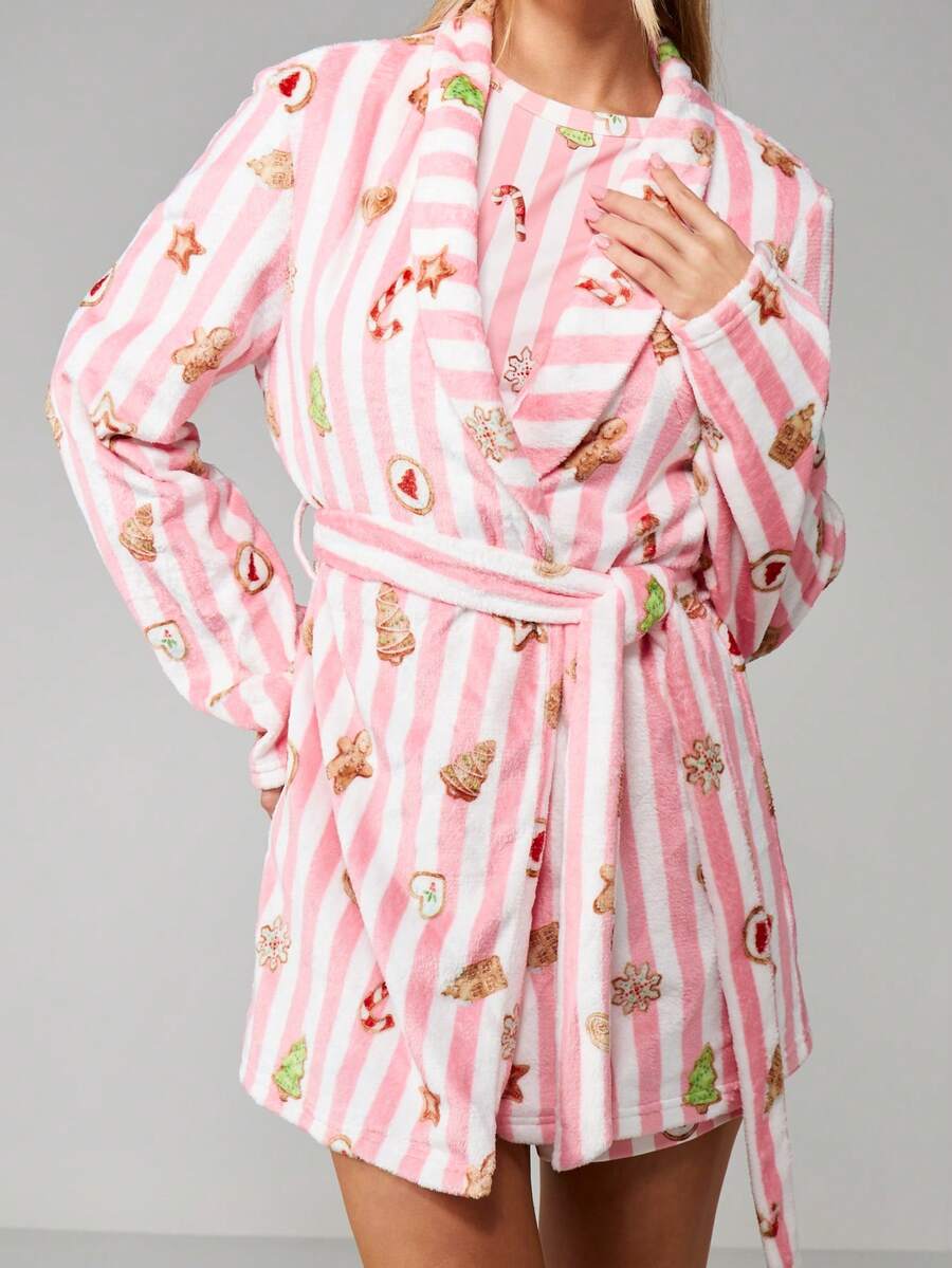 MISSGUIDED 圣诞印花条纹羊毛晨衣连帽浴袍节日休闲长袍腰带 - 彩色 - 查看 1