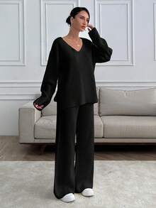 SHEIN Tall Tall Women V-Neck Oversize Sweater And Knit Pant Set - Black - View 5
