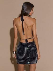 SHEIN BAE 女士性感露背系带水钻闪光鸡尾酒会俱乐部连衣裙，适合鸡尾酒会、浪漫约会、秋冬分层连衣裙、派对、正式场合、万圣节连衣裙、圣诞节连衣裙 - 黑色 - 查看 2