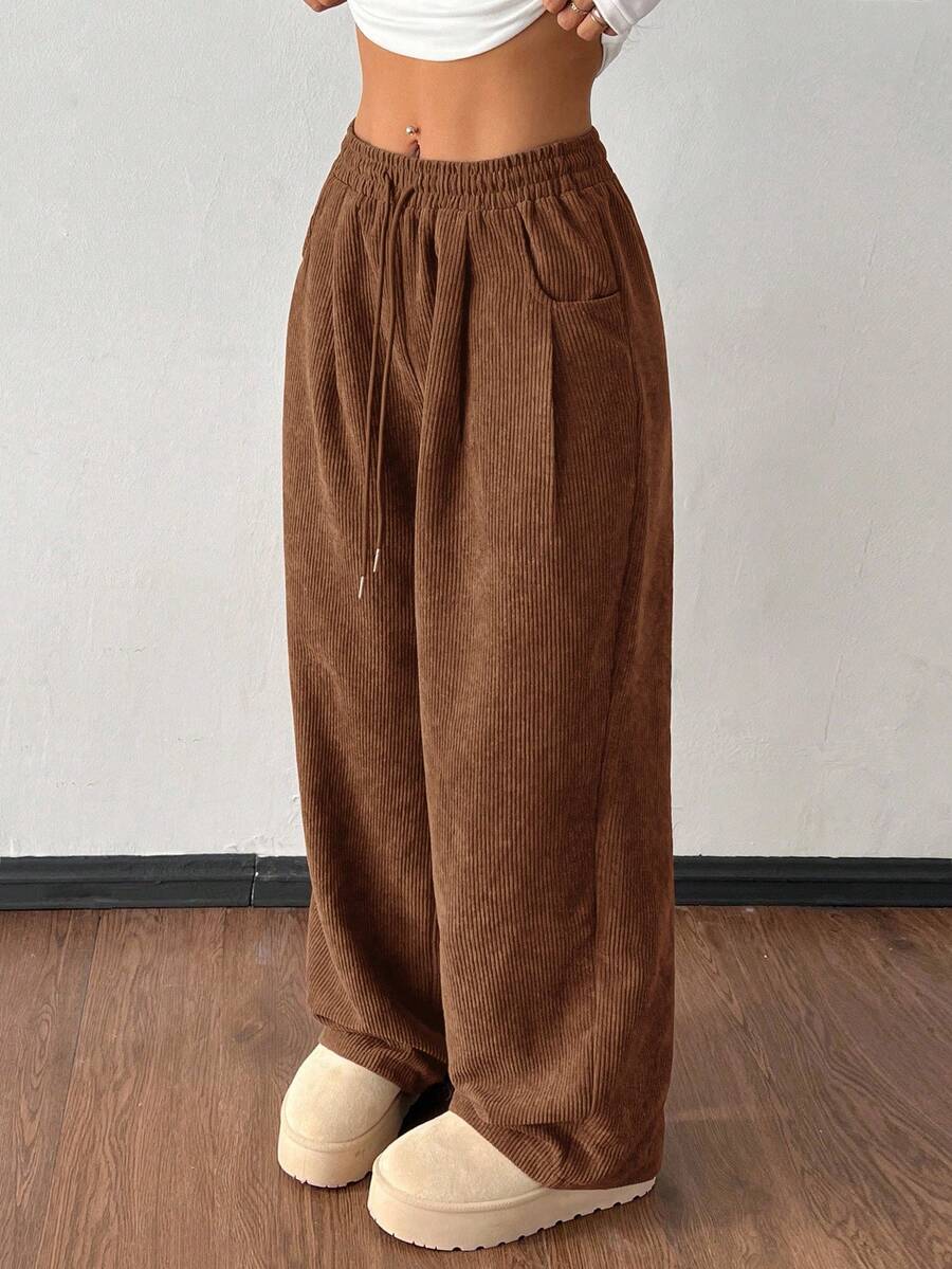 SHEIN PETITE 女款秋冬街頭時尚休閒復古燈芯絨紋理長褲,彈性腰寬鬆大廓形棕色女褲,秋季冬季 - 摩卡棕 - 查看 1