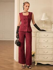 Aveloria Rosie 2pcs Set: Fashionable Minimalist High-End Double-Breasted Tweed Vest And High-Waisted Wide-Leg Pants - Red - View 1
