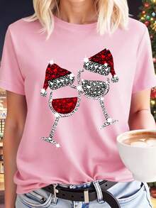 EMERY ROSE Áo thun họa tiết cỡ lớn, Áo thun cổ tròn phong cách đường phố thường ngày, Áo dễ thương và thoải mái, Phong cách kỳ nghỉ - Hồng - Xem 1