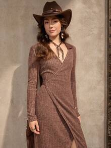 Wildy 美式休闲紧身连衣裙，街头时尚棕色高开叉S型腰机场装，秋冬新品 - 棕色 - 查看 3