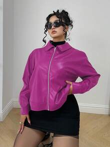 POPSWAY Große Größen Jacke mit offenem Reißverschluss, einfarbig, aus PU-Leder, mit Langarm und Kragen