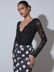 COSMINA Áo cánh ren dài tay cổ chữ V sâu thanh lịch dành cho nữ, thích hợp cho các buổi tiệc, hẹn hò và dạ tiệc, mùa thu/đông - màu đen - Xem 4