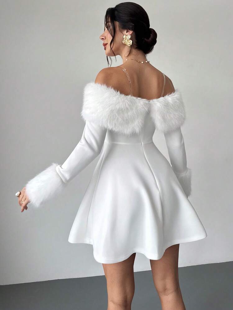 Firerie Women's Elegant Fur Collar Splicing Off-The-Shoulder Mini Dress, White Dress, Festival Dress/Umbrella Skirt/Elegant Dresses For Party/Thanksgiving Outfits For Women/ New Year Dress/Winter Dresses For Women/Fall Clothes/White Dress New Year/Party Dress/Cozy Fall And Winter Clothes For Women/Christmas Dress,Dresses For Women Elegant - White - View 2
