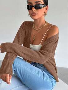 EURMUSE Áo khoác cardigan trơn màu đa năng thường ngày dành cho nữ - Lạc đà - Xem 3