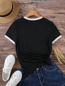 IslaSuriya Women's Letter Print Casual Patchwork Round Neck Short Sleeve T-Shirt, Versatile For Summer - Black - View 2