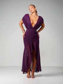 MISSGUIDED Deep V-Neck Purple Chiffon Maxi Dress With Draped Sleeves Side Slit Evening Formal - Purple - View 4