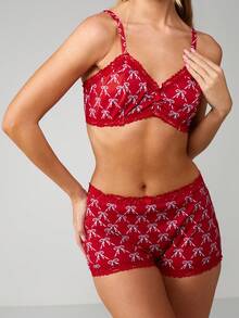 MISSGUIDED Bow Print Lace Trim Bralette And Panty Set With Adjustable Straps For Intimate Occasions - Multicolor - View 3