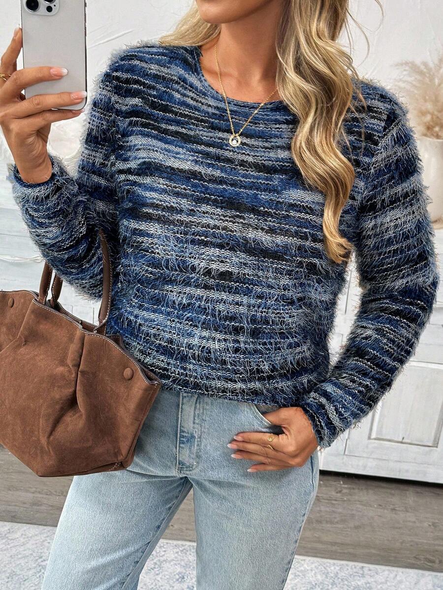 SHEIN LUNE 女式休闲仿皮草圆领长袖T恤 - 藍色 - 查看 1