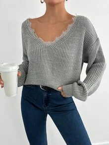 EURMUSE Casual Lace Trim Drop Shoulder Sweater, Autumn/Winter - Grey - View 4