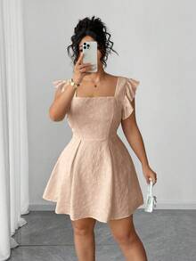 Elenzga 大码纯色提花荷叶边下摆优雅连衣裙 - 卡其色 - 查看 5