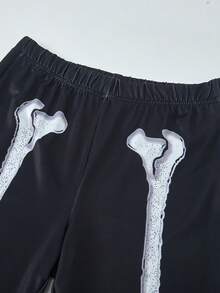 SHEIN Sweetra Young Bộ quần áo thun hở vai in họa tiết bộ xương hóa trang Halloween thường ngày cho bé gái tuổi teen - màu đen - Xem 5