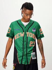 ROMWE MEN Prep 男士休闲棒球短袖衬衫，街头美式风格，适合春夏季 - 綠色 - 查看 4