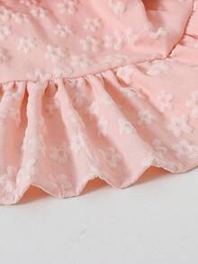 SHEIN 2 件套女婴荷叶边领扣上衣 + 裤子可爱套装，休闲百搭泡泡袖荷叶边下摆衬衫 T 恤搭配松紧腰喇叭裤，适合春秋季休闲外出或旅行 - 粉色 - 查看 7