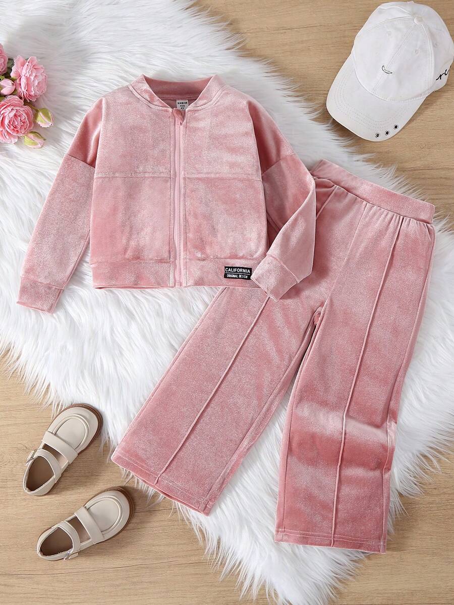 SHEIN Explorewe 2件套粉色女童韩版毛绒面料柔软长袖外套和配套粉色裤子,前拉链设计方便穿着,落肩款式,优质亲肤面料,适合春季、秋季、冬季、圣诞节、万圣节 - 粉色 - 查看 1