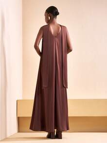 Zivah 2025秋季新款优雅连衣裙，V领无袖，缎面纹理面料，简约设计，适合音乐节、复活节、生日派对、宴会、舞会 - 咖啡棕 - 查看 3