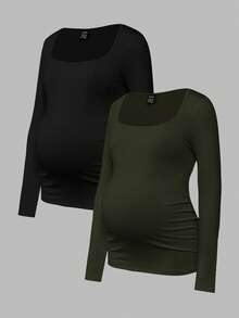 Modmama Maternity Ruched Long Sleeve Casual Versatile T-Shirt - Army Green - View 12