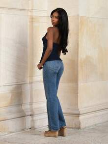 Mima John 夏季性感纯色露背吊带牛仔短款上衣 - 深色水洗藍 - 查看 4