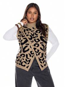 Solavibe Plus Size Black Summer Smart Casual Everyday Retro Leopard Patterned Sweater Vest,High Round Neck Center Slit Knit Top For Fall Winter Office Wear - Multicolor - View 1
