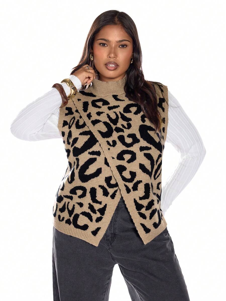 Solavibe Plus Size Black Summer Smart Casual Everyday Retro Leopard Patterned Sweater Vest,High Round Neck Center Slit Knit Top For Fall Winter Office Wear - Multicolor - View 1