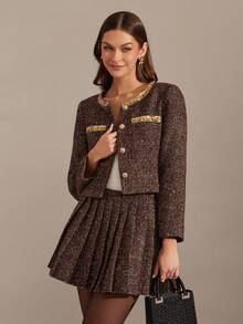 Enchnt Gonna corta plissettata a-line elegante e alla moda in tweed marrone per le donne, versatile, dolce ed elegante, adatta per appuntamenti, ufficio, uscite e pendolarismo quotidiano, ritorno a scuola, Natale, inverno, Capodanno