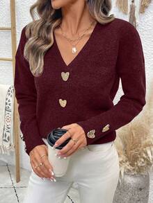 EMERY ROSE Women's Casual Versatile Metal Decor Sweater, Autumn/Winter - Burgundy - View 7