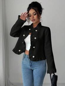 Elenzga 时尚优雅的通勤荷叶边拼布夹克 - 黑色 - 查看 4