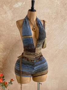 Soleia Winter Clothes Women's Fashion Sexy Contrast Stripe Backless Halter Neck Knit Romper - Multicolor - View 1