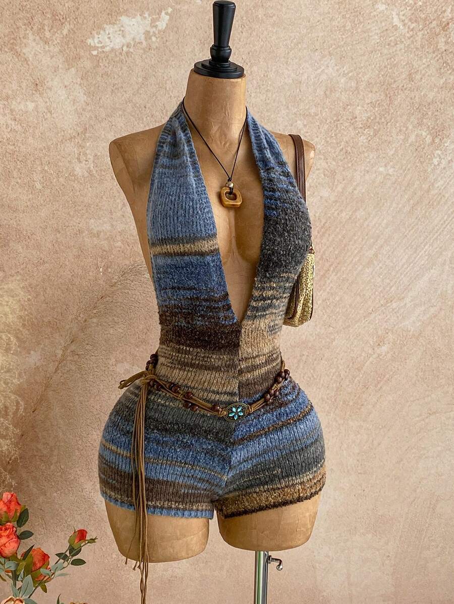 Soleia Winter Clothes Women's Fashion Sexy Contrast Stripe Backless Halter Neck Knit Romper - Multicolor - View 1