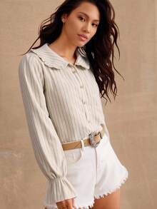 WESTFADE Striped Ruffle Collar Long Sleeve Button Up Shirt Fall, Autumn, Winter, Boho, Holiday, Casual, Cute - Brown - View 1