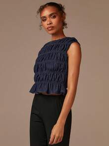 Athîral Denim 女士无袖纯色休闲褶皱上衣，休闲女装，适合外出，女士秋季服装，深蓝色牛仔上衣，复古女装，秋季女装，冬季女装，牛仔上衣 - 藍色 - 查看 5