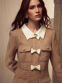 MOTF PREMIUM CONTRAST COLLAR BOW DETAIL FLAP POCKET SHORT DRESS - Khaki - View 1