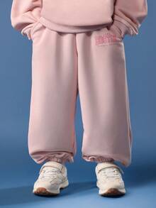 SUMWON Tween Girls Boston Print Hoodie Sweatpants Co-Ord Set Oversized Casual Wear Pink Matching Two Piece Outfit With Drawstring Hood - Apricot - View 4