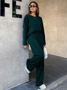 EURMUSE Women's Knitwear Co-Ords With Stitch Detail - Dark Green - View 7