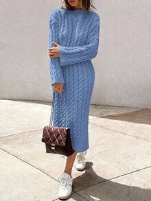 EURMUSE Women's Knitwear Long Dress With Cable Pattern,Petite - Baby Blue - View 4