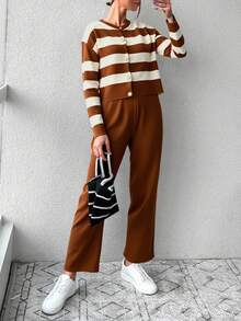 EURMUSE 2 pièces Ensemble de cardigan et pantalon à boutons frontaux à rayures contrastées pour femmes, décontracté et quotidien - Tabac - Voir 5