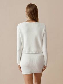 Chiquease Women's Knitted Cardigan Sweater Jacket Paired With Skirt 2-Piece Set, Elegant Office Wear, Solid Color, Autumn/Winter - Apricot - View 2