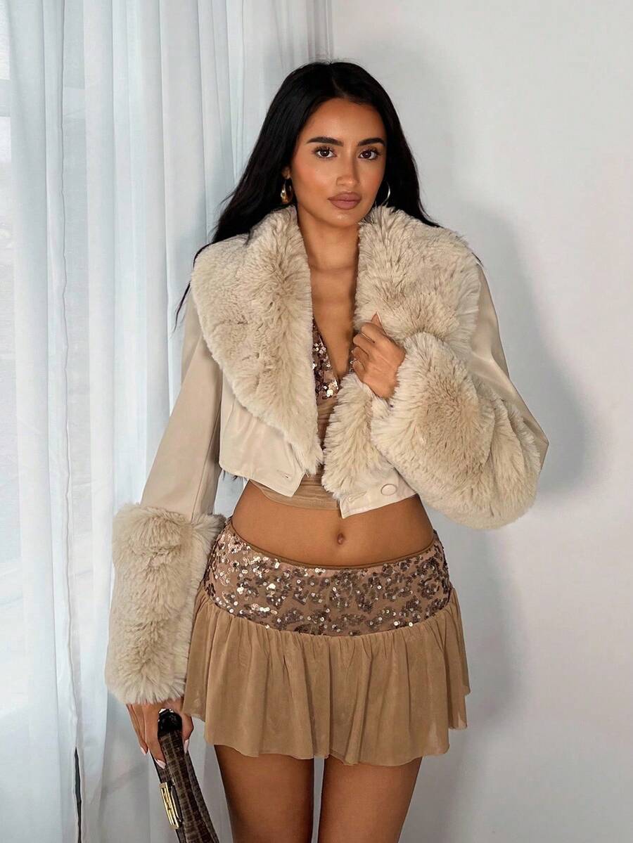 TRNVIE 1 件女式卡其色夹克，弹性驼色 PU 皮革拼接蓬松兔毛，休闲/日常通勤 - 米色 - 查看 1