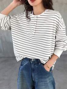 FRIFUL Women's Colorblock Striped Long Sleeve Loose T-Shirt