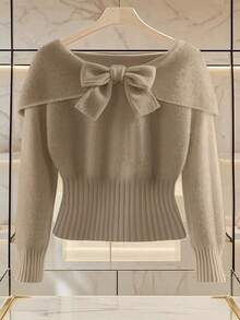 Franclia 女士休闲优雅日常百搭纯色V领直肩时尚柔软舒适修身无袖3D蝴蝶结设计珍珠镶嵌装饰扣腰A字常规针织加大码毛衣连衣裙，春夏