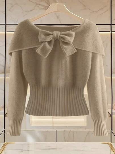 Franclia 女士休闲优雅日常百搭纯色V领直肩时尚柔软舒适修身无袖3D蝴蝶结设计珍珠镶嵌装饰扣腰A字常规针织加大码毛衣连衣裙，春夏