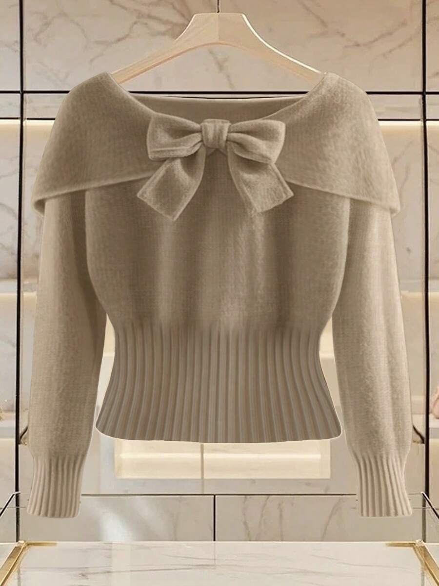 Franclia 女士休闲优雅日常百搭纯色V领直肩时尚柔软舒适修身无袖3D蝴蝶结设计珍珠镶嵌装饰扣腰A字常规针织加大码毛衣连衣裙，春夏