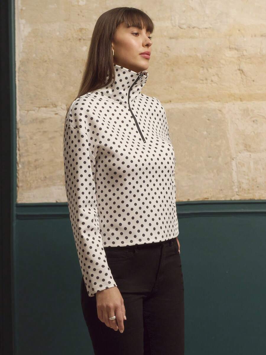 lacRébo White Polka Dot Zip Up Sweatshirt, Long Sleeve Polka Dot Top Going Out Chic Fitness Sweatshirt Spring Summer Cosy - Black and White - View 1
